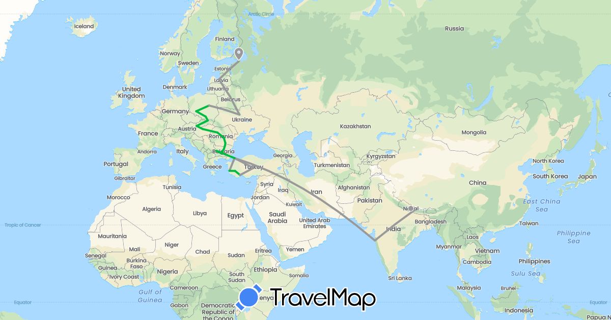 TravelMap itinerary: driving, bus, plane in Bulgaria, Belarus, Hungary, India, Latvia, Nepal, Poland, Romania, Russia, Slovakia, Turkey, Ukraine (Asia, Europe)