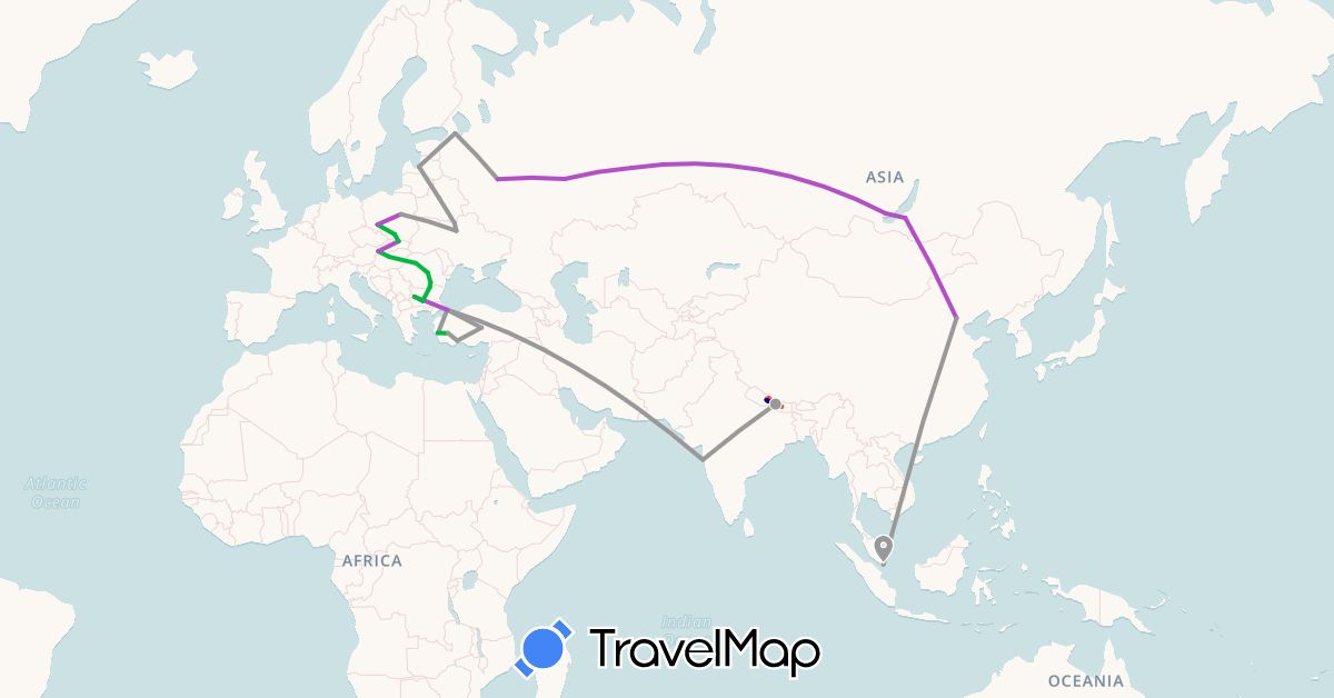 TravelMap itinerary: driving, bus, plane, train, hiking in Bulgaria, Belarus, China, Hungary, India, Latvia, Nepal, Poland, Romania, Russia, Singapore, Slovakia, Turkey, Ukraine (Asia, Europe)