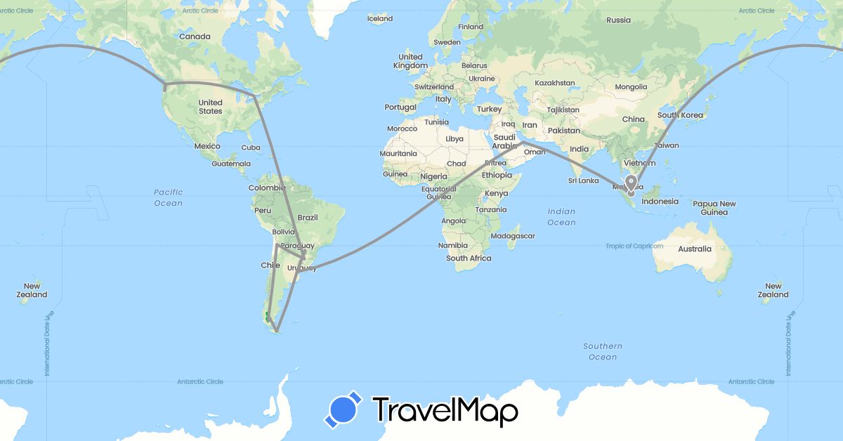 TravelMap itinerary: bus, plane in Argentina, Brazil, Canada, Chile, South Korea, Qatar, Singapore, United States (Asia, North America, South America)